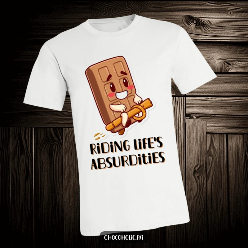 Funny T-Shirt: A chocolate bar with a goofy expression rides a pretzel stick, showcasing a hilarious and unexpected embarkation.