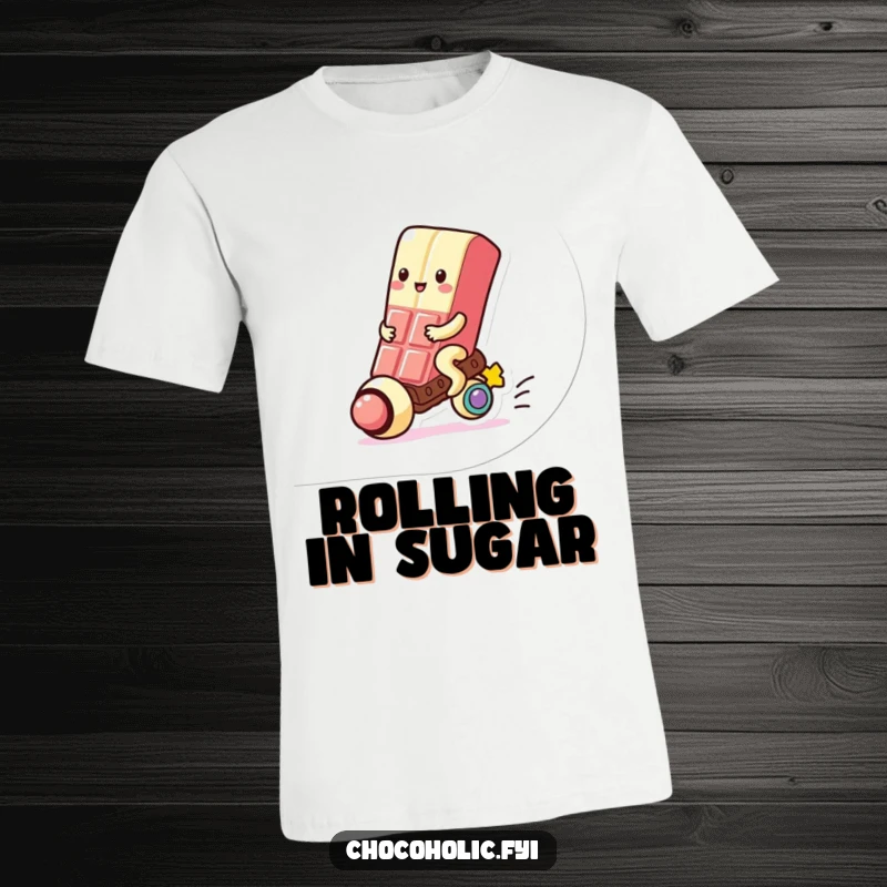 Funny T-Shirt: A cute kawaii chocolate bar character happily rides a tiny gumball, celebrating sweet, playful journeys.