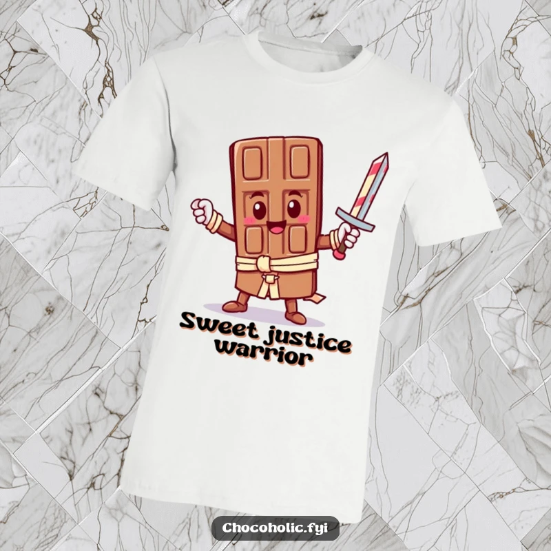 Funny T-Shirt: A heroic kawaii chocolate bar character wields a candy cane sword. Great for anyone who loves cute, funny, and adventurous apparel.