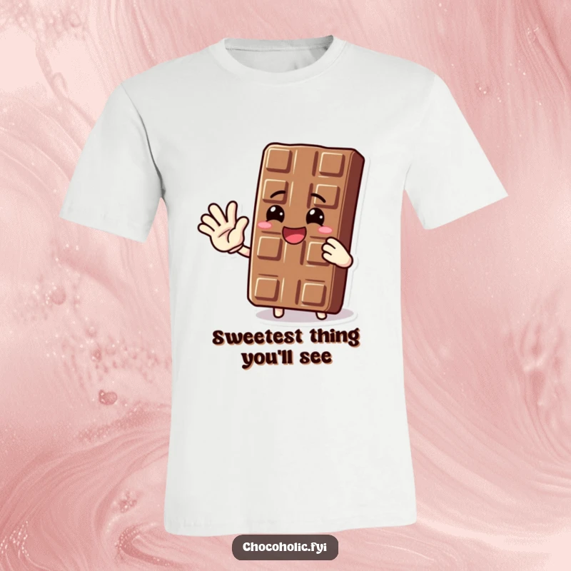Funny t-shirt with a beaming chocolate bar character giving an enthusiastic wave, a symbol of pure chocolatey delight.