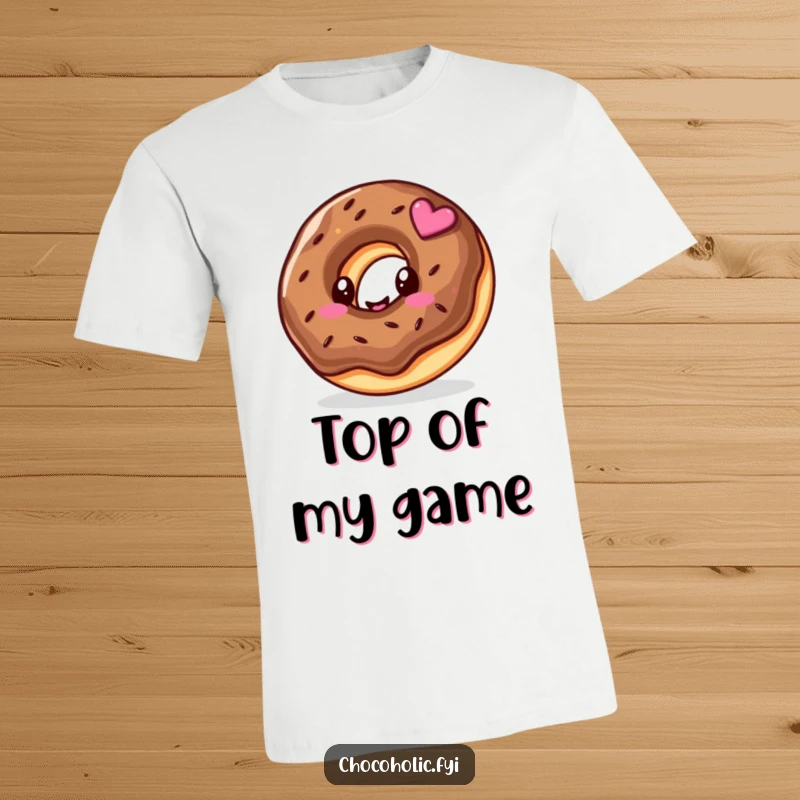 Funny t-shirt with a kawaii chocolate donut character sporting a happy swirl, exuding pure, delicious joy.