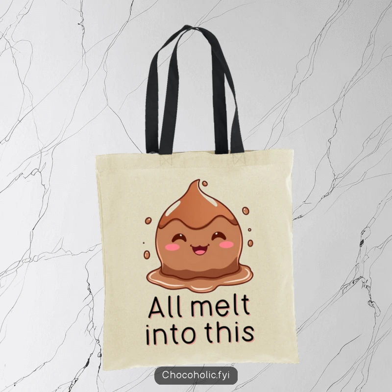 Funny tote bag with a melting chocolate puddle character wearing a goofy grin, perfect for everyday use.