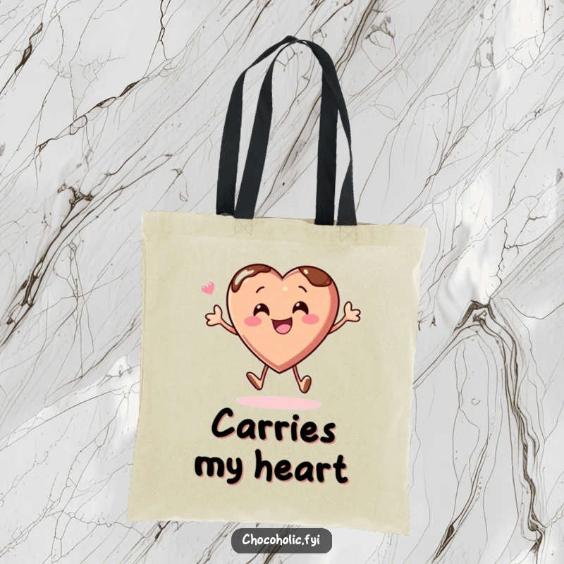 Funny tote bag with a chocolate heart character bouncing with glee, perfect for carrying items joyfully.