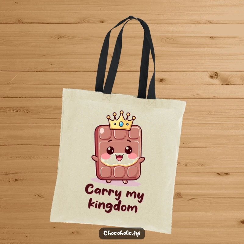 Funny Tote Bag: A proud kawaii chocolate bar character wears a tiny crown. Perfect for shoppers who love cute, funny, and elegant accessories.