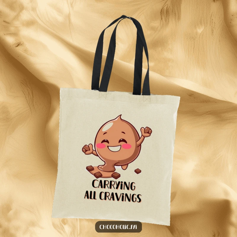 Funny melting chocolate blob tote bag with a silly grin reaching for more chocolate, perfect for shopping.