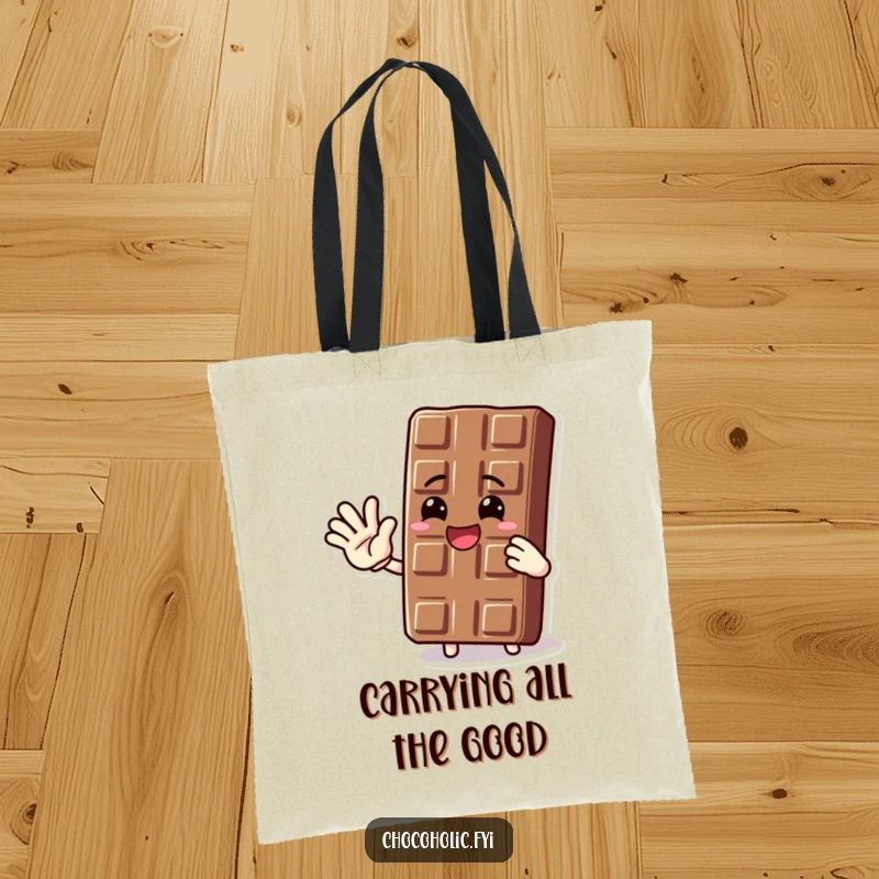 Funny tote bag printed with a jubilant chocolate bar character waving enthusiastically, a cheerful companion for shopping.