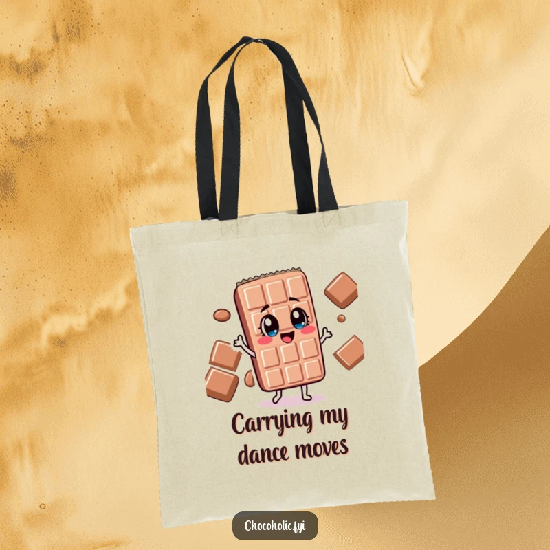 Funny chocolate bar character with wide, delighted eyes doing a silly dance on a chic tote bag.