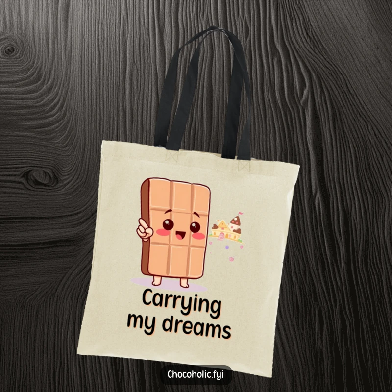 Funny Tote Bag: Kawaii chocolate bar character excitedly points towards candy land, symbolizing sweet aspirations and journeys.