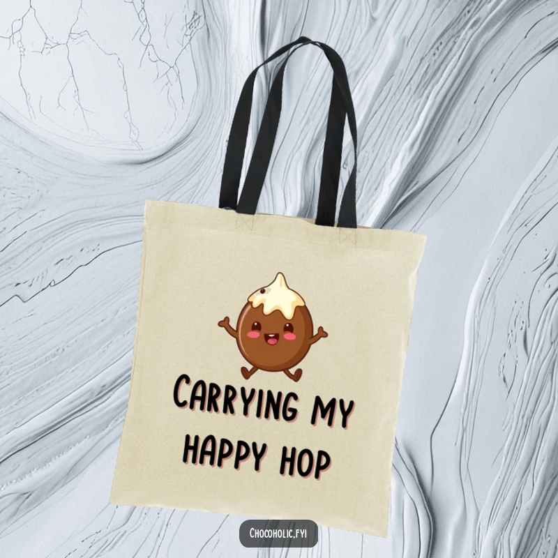 Funny chocolate truffle tote bag with a character doing a little happy hop, perfect for carrying goodies.