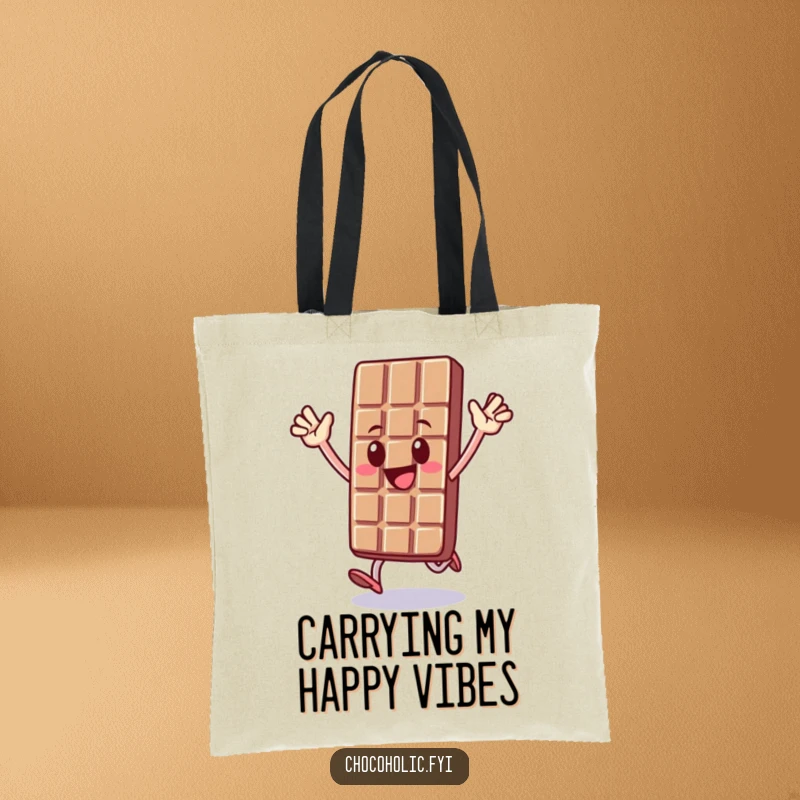 Funny tote bag with a smiling chocolate bar character doing a happy hop, arms raised in a gesture of pure, sweet exhilaration.