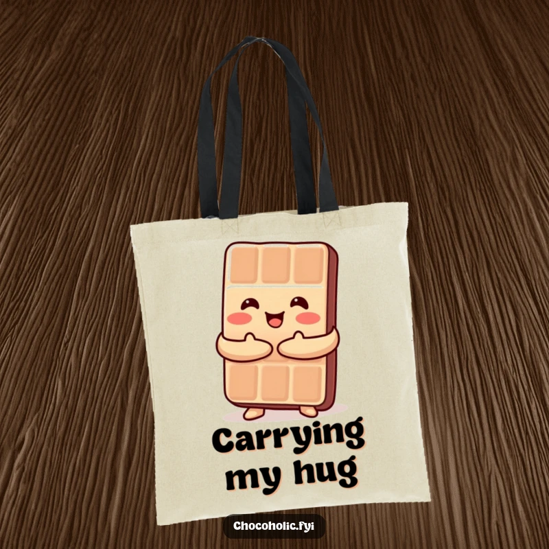 Funny Kawaii chocolate bar embracing itself in a happy hug, a stylish and humorous tote bag.