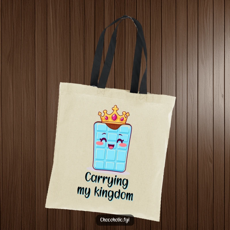 Funny tote bag with a chocolate bar character wearing a tiny crown, exuding regal delight. Carry with charm.