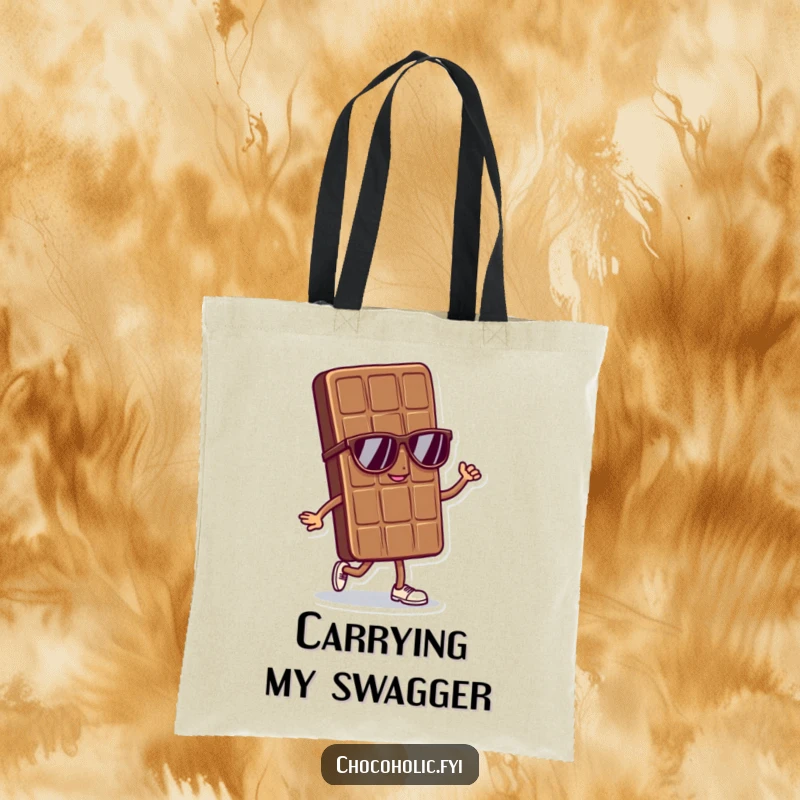 Funny tote bag with a cool chocolate bar character in sunglasses doing a confident strut, ideal for stylish carrying.