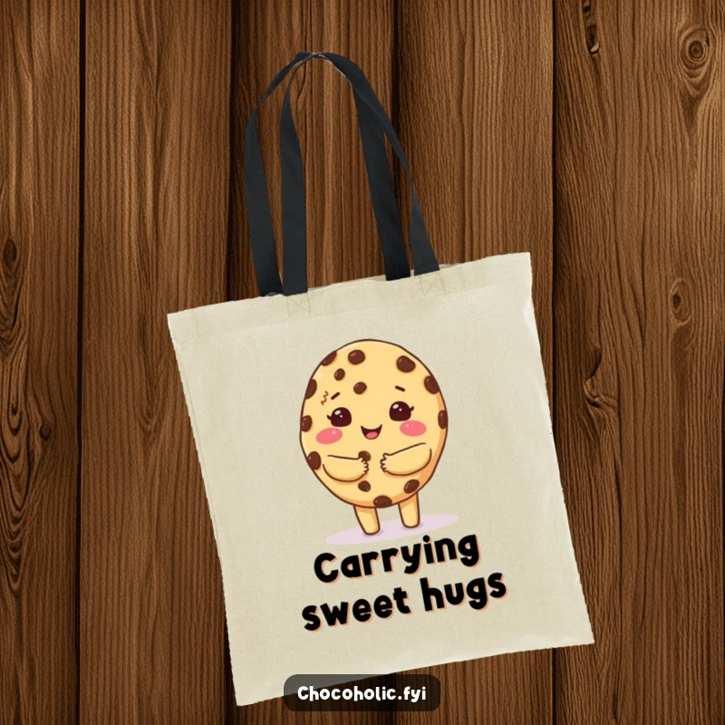 Funny tote bag featuring a kawaii chocolate chip cookie character giving a warm, fuzzy hug, perfect for carrying comfort.