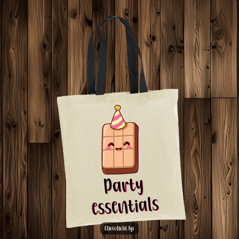 Funny Tote Bag with a smiling chocolate bar wearing a small party hat, ready for any occasion. Practical and amusing.