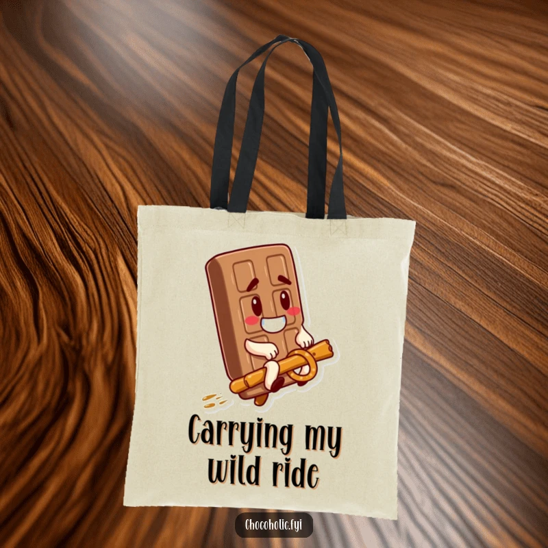 Funny Tote Bag: A chocolate bar with a goofy expression rides a pretzel stick, perfect for carrying items with a humorous touch.