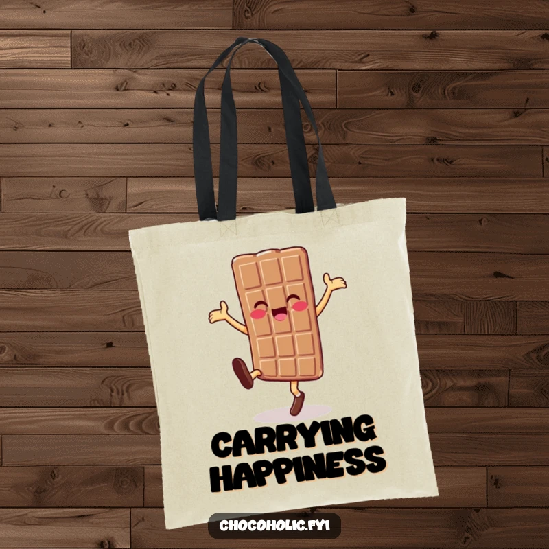 Funny chocolate bar character doing a cartwheel on a tote bag, perfect for carrying items with joy.