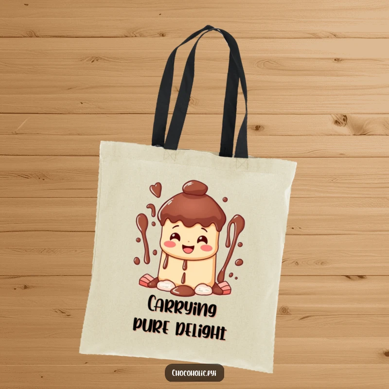 Funny happy chocolate fountain tote bag character with a wide grin, cascading streams of sweet bliss, perfect for stylish carrying.