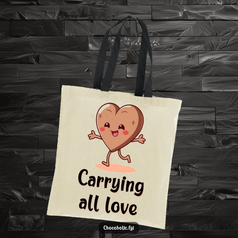 Funny tote bag with a giddy chocolate heart character in a playful spin, perfect for carrying happiness and essentials.