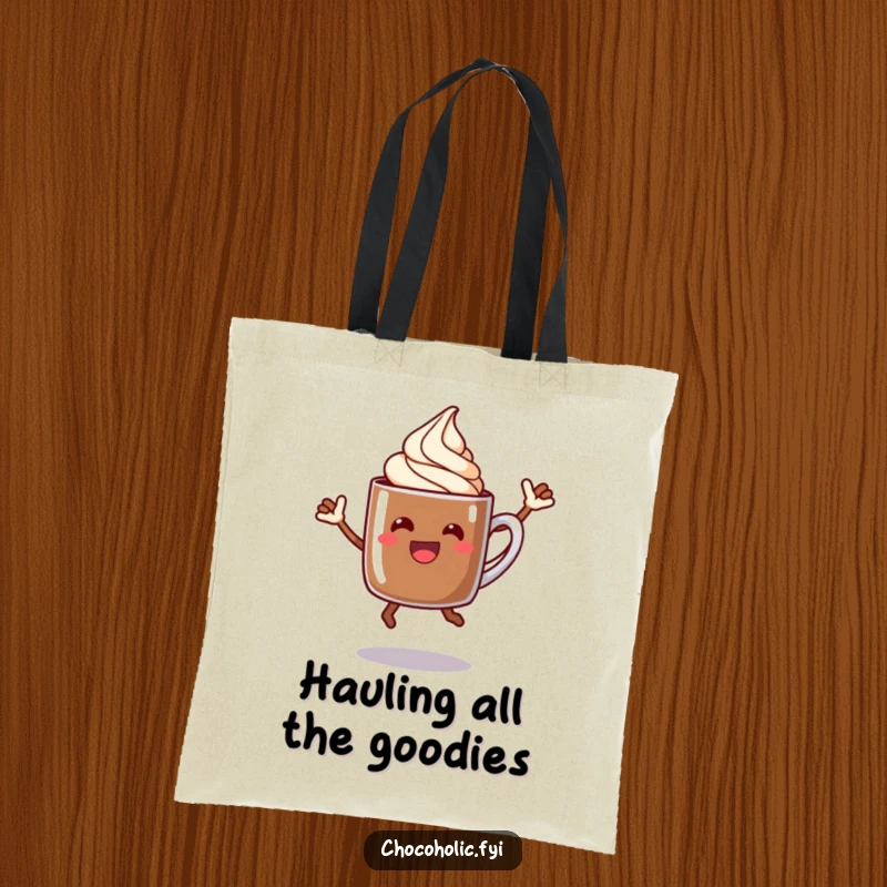 Funny chocolate mug tote bag with a cream swirl character doing a celebratory jump, perfect for carrying items.