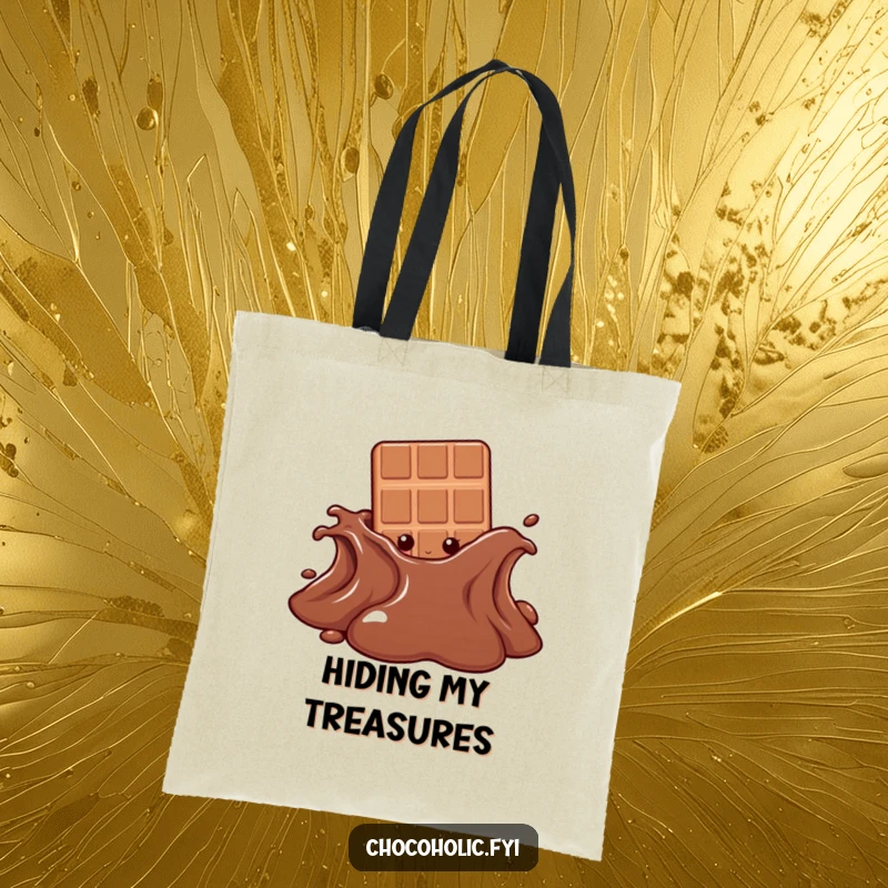 Funny tote bag with a chocolate bar character peeking from behind a large, melting chocolate puddle, suggesting hidden delights and sweet escapades.