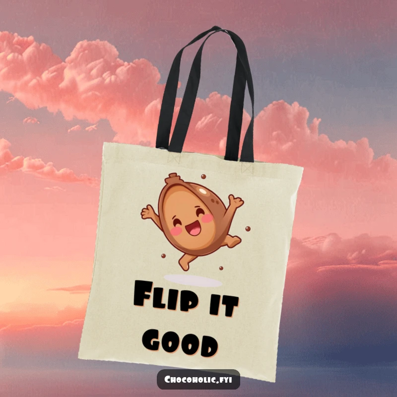 Funny Tote Bag with a happy chocolate truffle in mid-somersault, bringing energetic joy. Practical and amusing for everyday use.