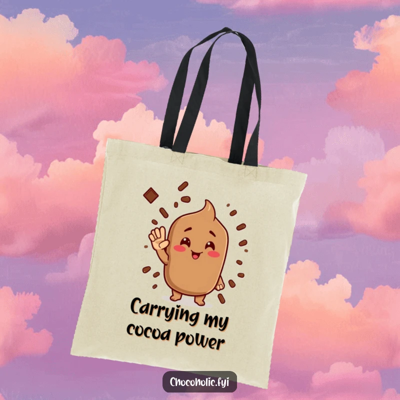 Funny cocoa powder tote bag with a character giving a silly salute, perfect for carrying items with humor.