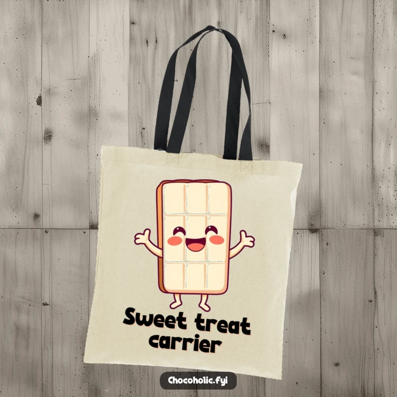 Funny Kawaii chocolate bar character with a huge smile in a happy dance pose on a spacious tote bag.