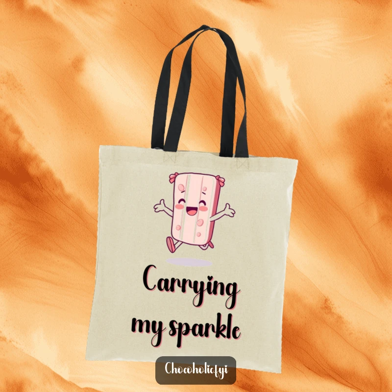 Funny kawaii candy bar character skipping joyfully with arms outstretched on a tote bag, perfect for carrying fun essentials.