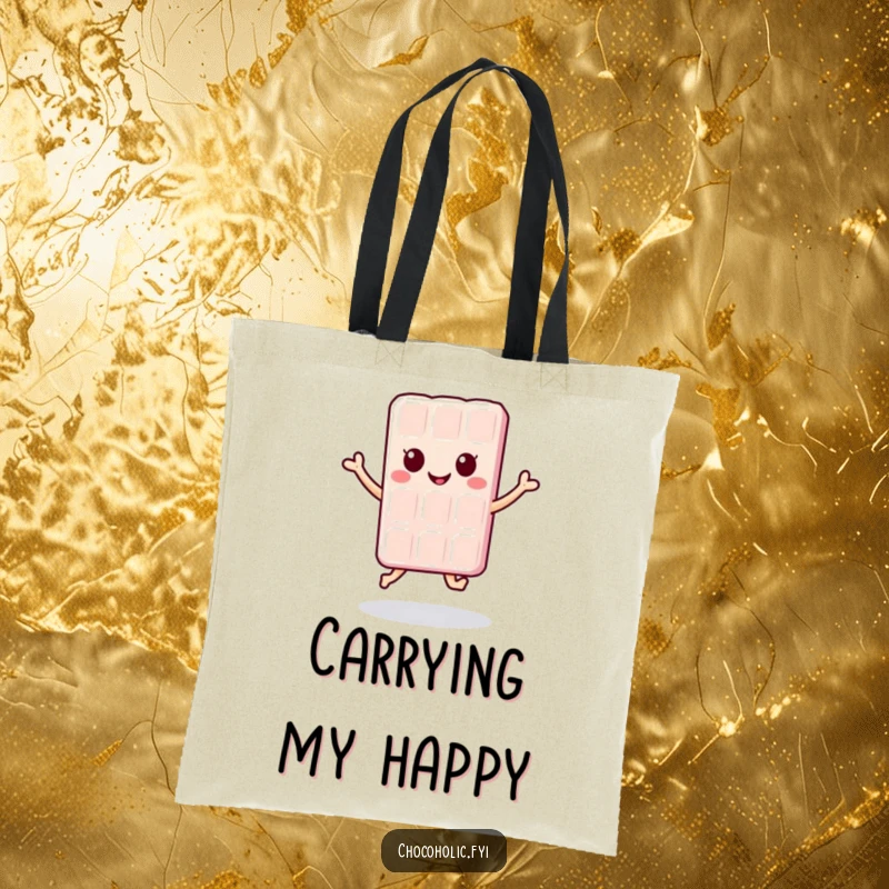 Funny kawaii chocolate bar character mid-jump on a tote bag, ideal for shopping or carrying daily items with a smile.