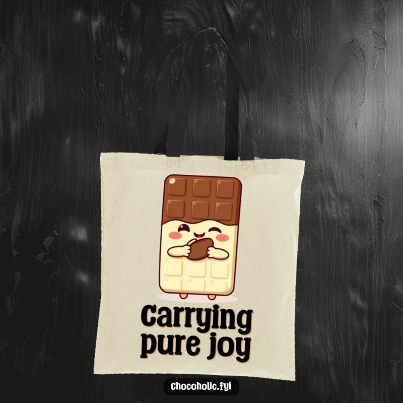 Funny kawaii chocolate bar tote bag with a joyful, winking character holding a cocoa bean, ideal for shopping.