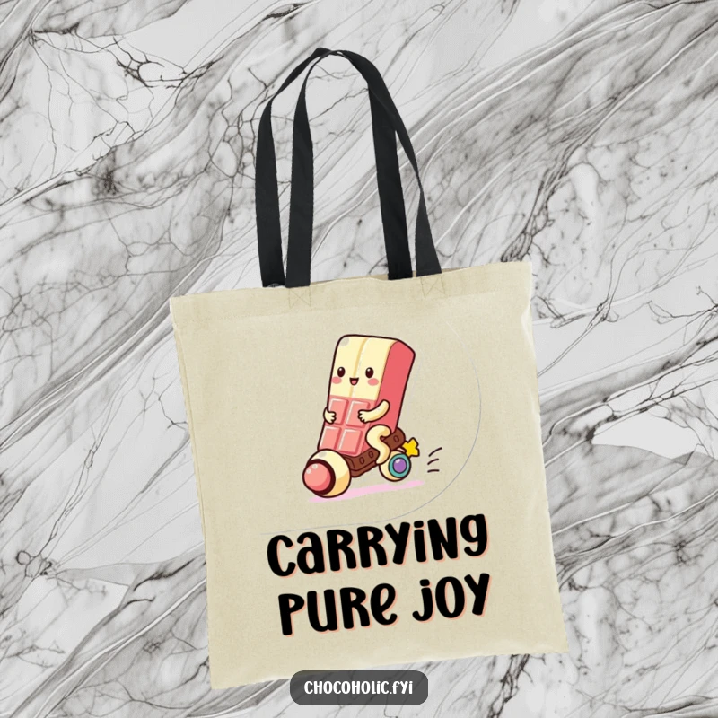 Funny Tote Bag: Kawaii chocolate bar character gleefully rides a gumball, symbolizing a fun and sweet journey.