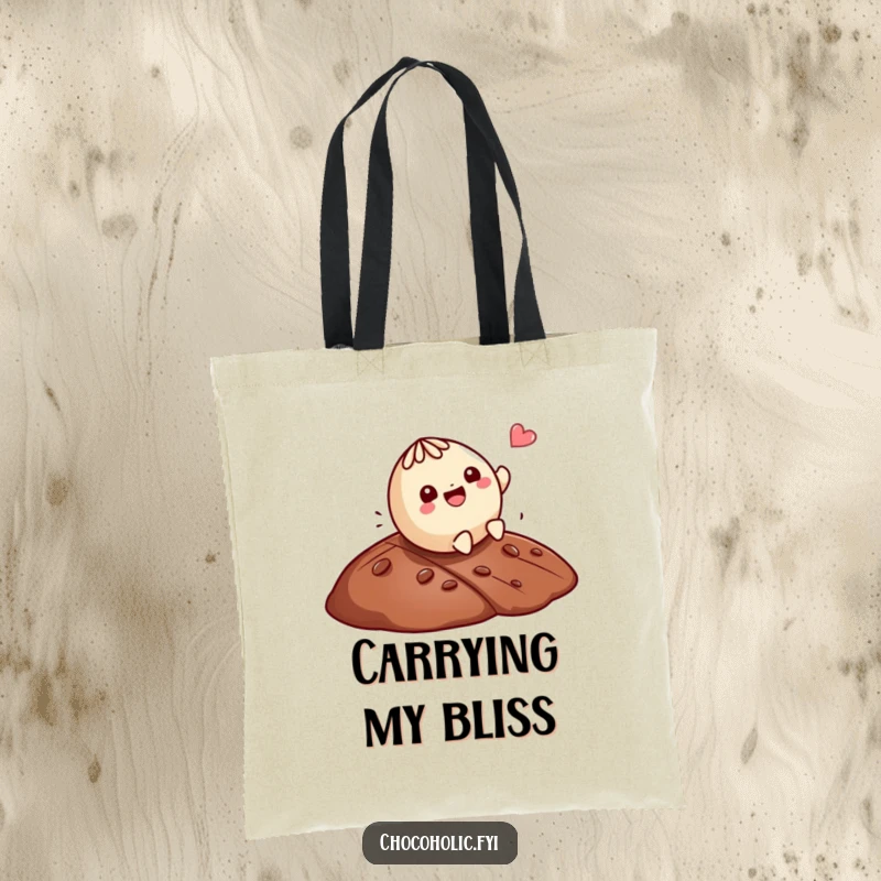 Funny Kawaii truffle character rolling down a chocolate hill, printed on a practical and humorous tote bag.