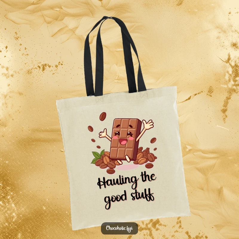 Funny tote bag showing a chocolate bar character leaping with joy, surrounded by cocoa beans, symbolizing chocolate excitement.