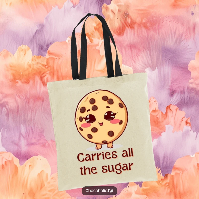Funny tote bag with a chocolate chip cookie character in a sugar rush, eyes crossed, ready for adventure.