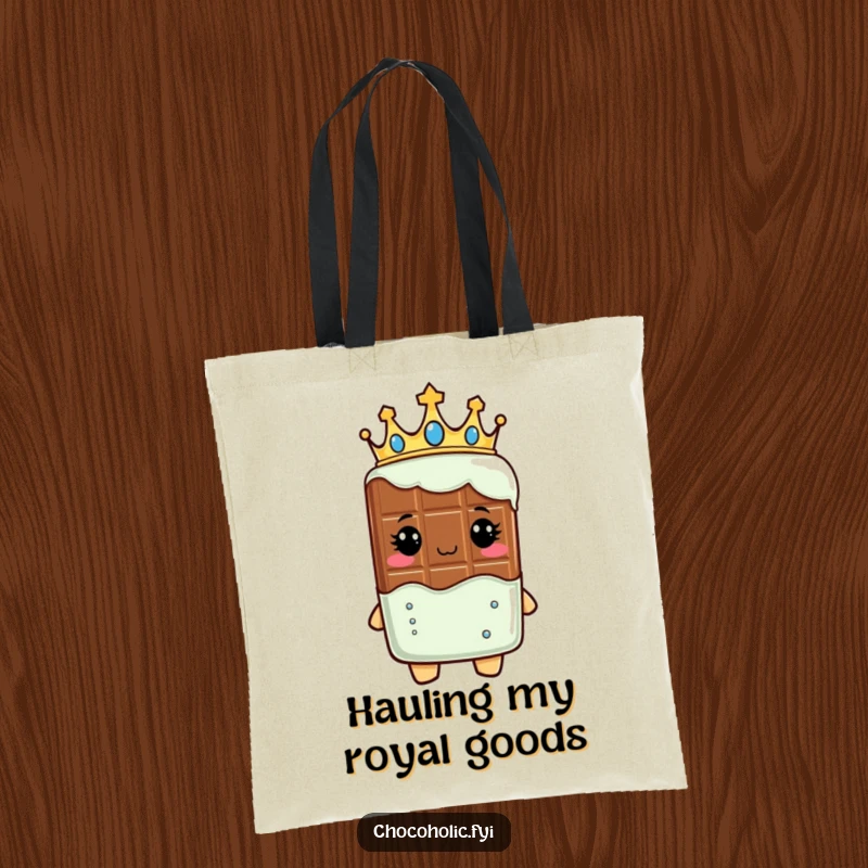 Funny tote bag showing a chocolate bar character wearing a crown, looking regal, symbolizing sweet authority and important journeys.