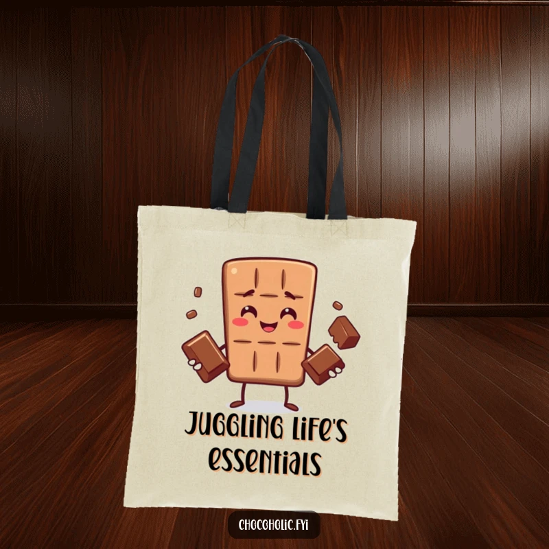 Funny tote bag with a smiling chocolate bar character performing a juggling act with three small chocolates, symbolizing a life well-managed.