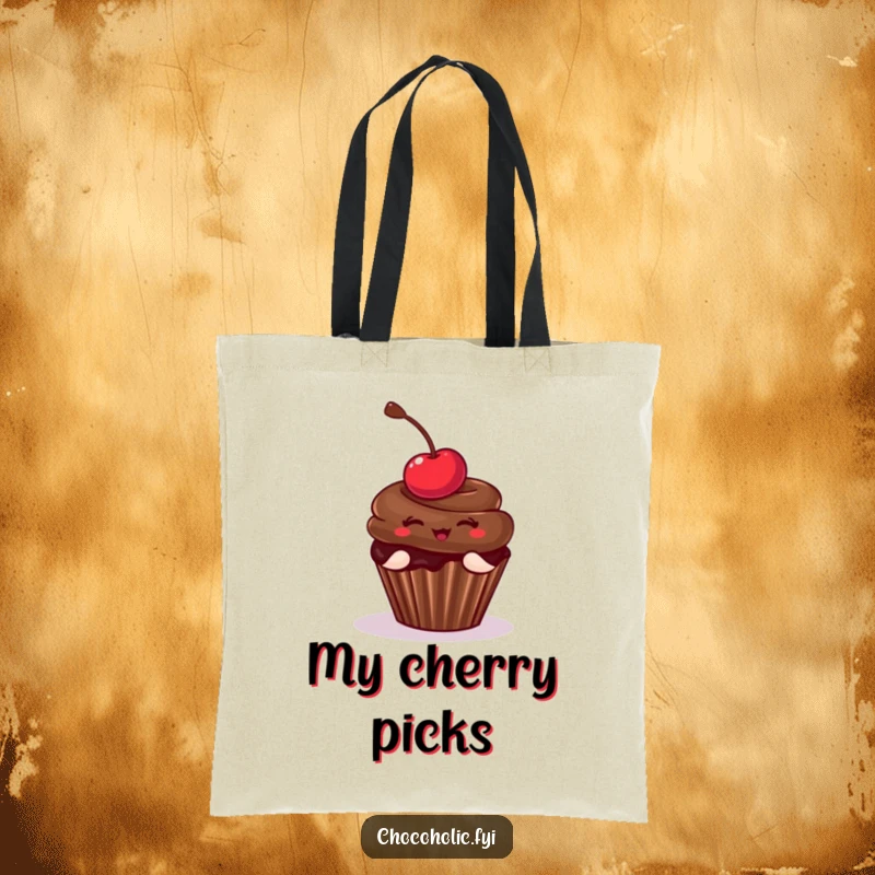 Funny Tote Bag with a chocolate cupcake and cherry striking a playful pose, adding a pop of fun. Practical and amusing.