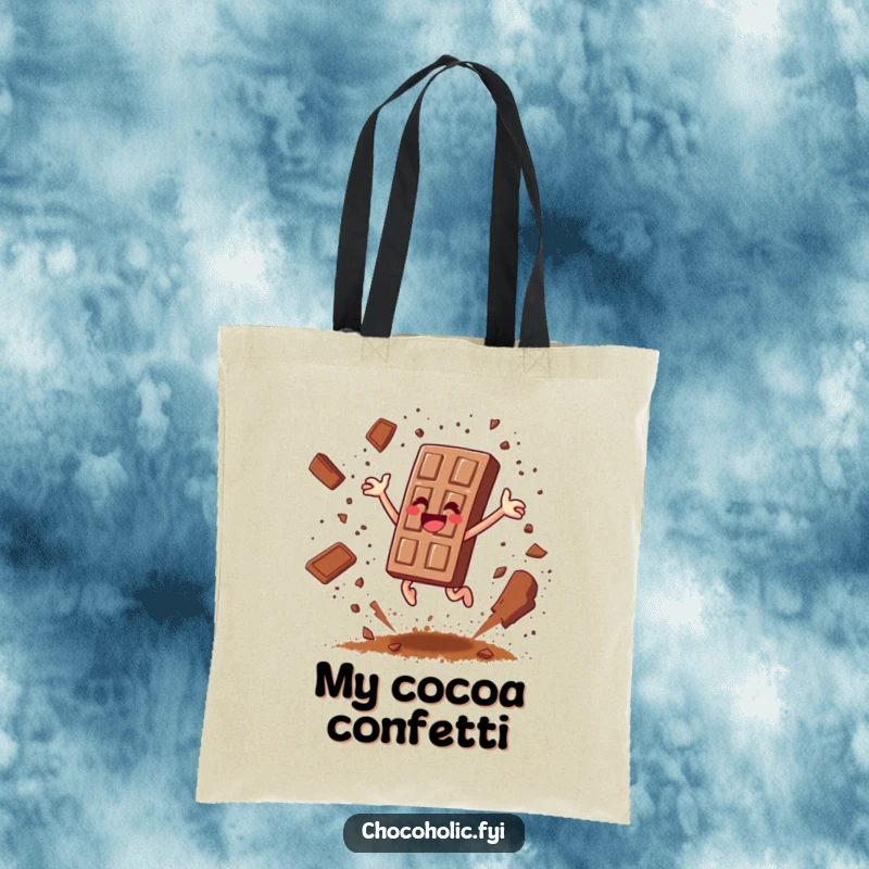 Funny chocolate bar character leaping joyfully, scattering cocoa powder like confetti on a chic tote bag.