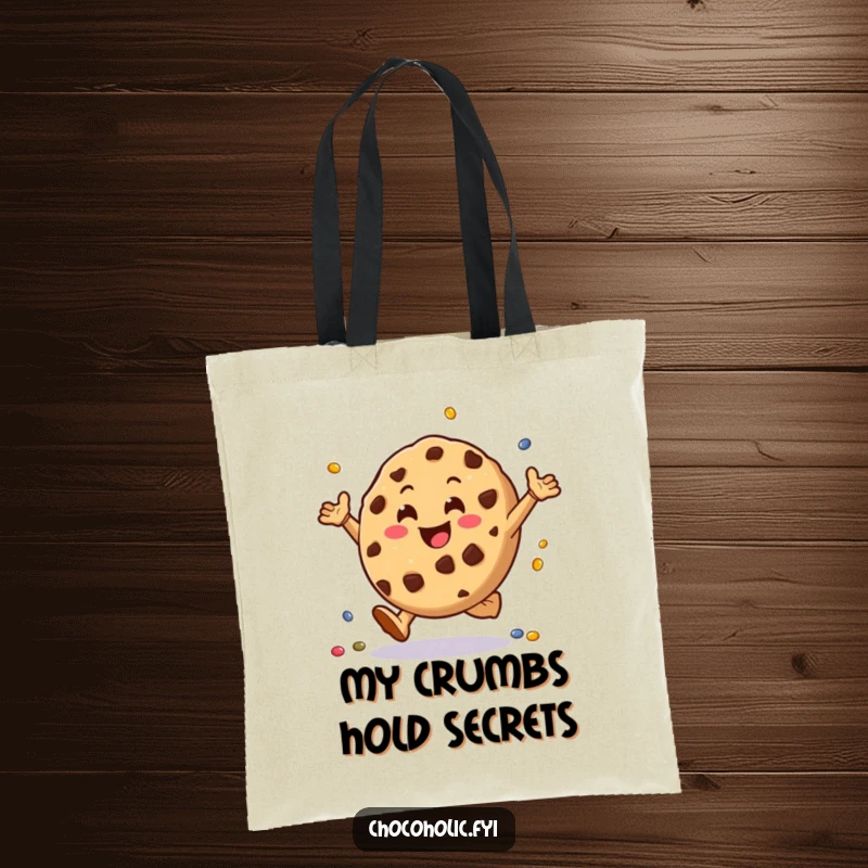 Funny chocolate chip cookie tote bag character doing cartwheels with tiny candies, perfect for stylishly carrying items with a happy vibe.