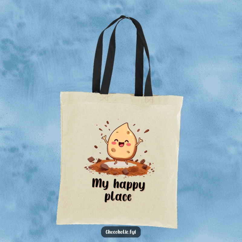 Funny dancing chocolate chip tote bag, scattering cocoa powder, perfect for carrying baking ingredients or groceries.