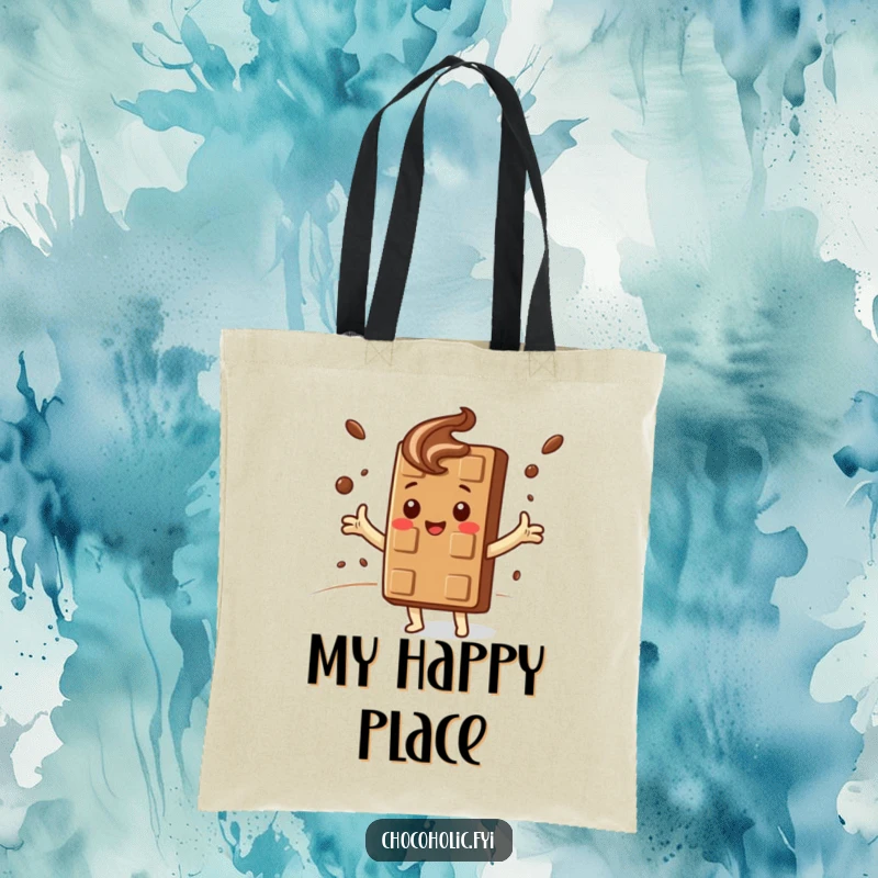 Funny Tote Bag: Kawaii chocolate bar character embraces a swirling cocoa cloud, symbolizing sweet comfort and relaxation.