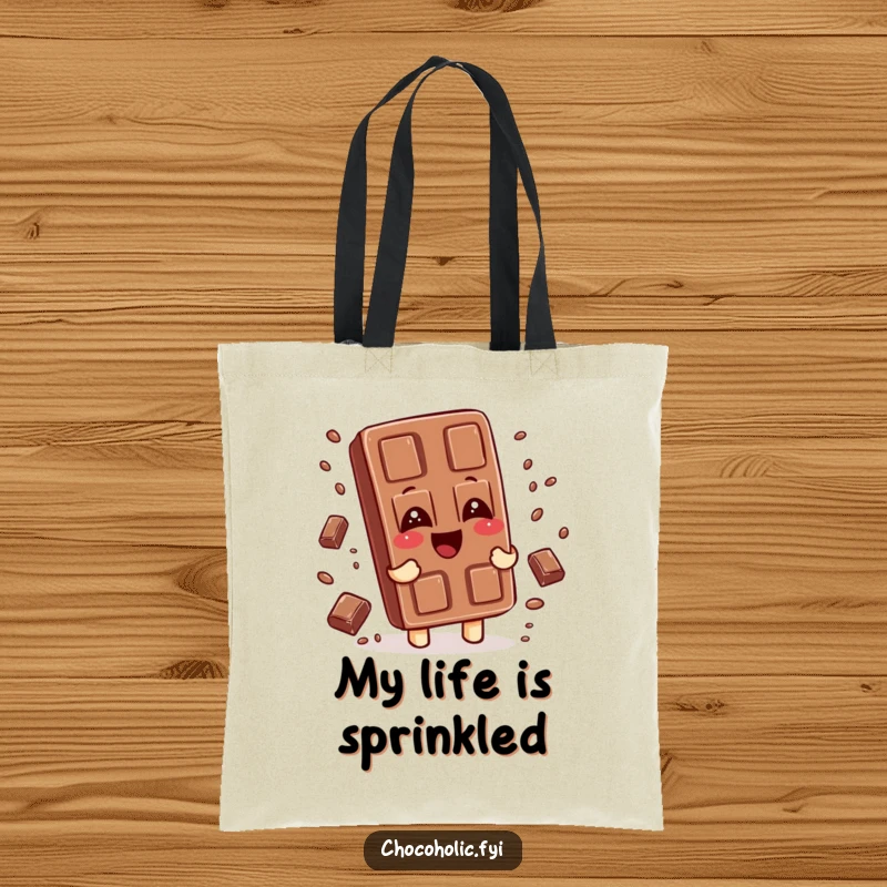 Funny tote bag showing a chocolate bar character giggling, with tiny chocolate sprinkles falling around it, symbolizing sweet amusement.
