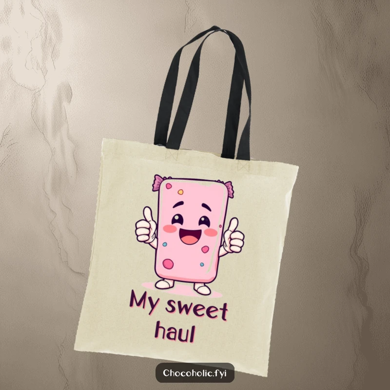 Funny Kawaii candy bar character giving two thumbs up, printed on a practical and humorous tote bag.