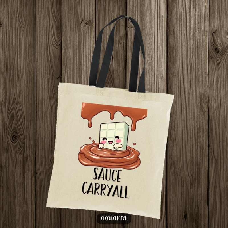 Funny Kawaii chocolate bar character diving into a pool of chocolate sauce on a durable, stylish tote bag.