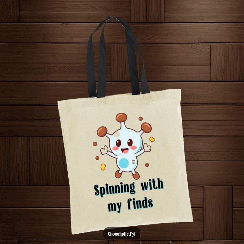 Funny chocolate molecule tote bag with a character spinning ecstatically, perfect for carrying items with flair.