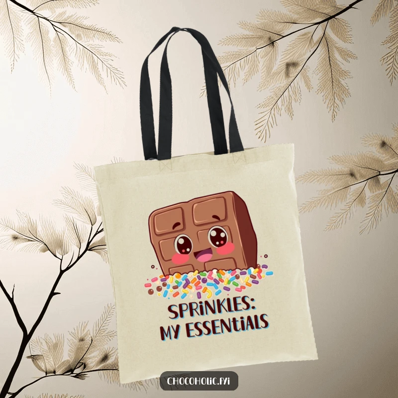 Funny tote bag featuring a chocolate bar character diving with wide eyes into a massive pile of colorful sprinkles. A sweet statement piece.